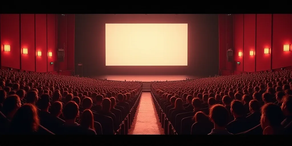a large auditorium with a lot of people sitting in it and a screen on the wall above the seats, Arac