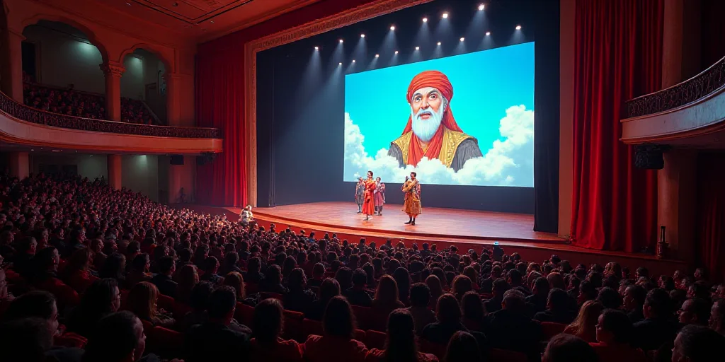 a large auditorium with a stage full of people and a projector screen with a cartoon character on it