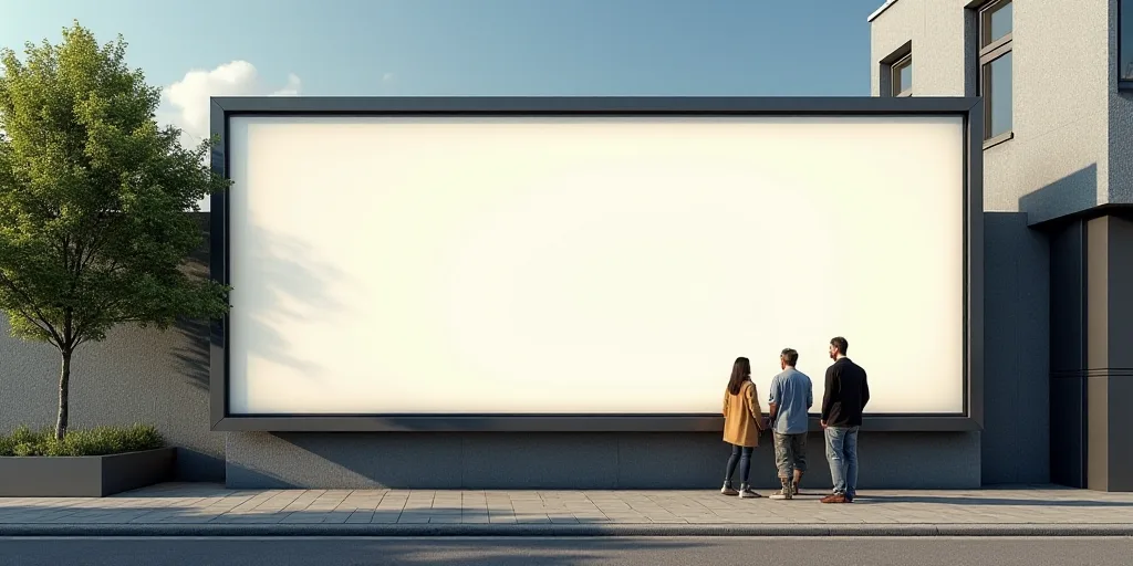 a large billboard with a couple of people on it's side in front of a store with a tree, Colijn de Co