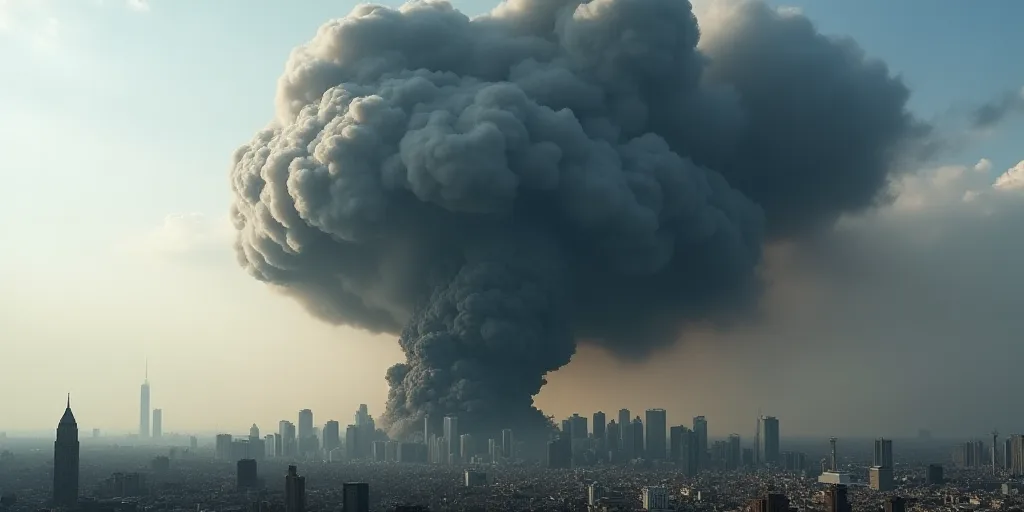 a large black cloud of smoke billows from a city skyline as it rises into the sky over a city, Andor