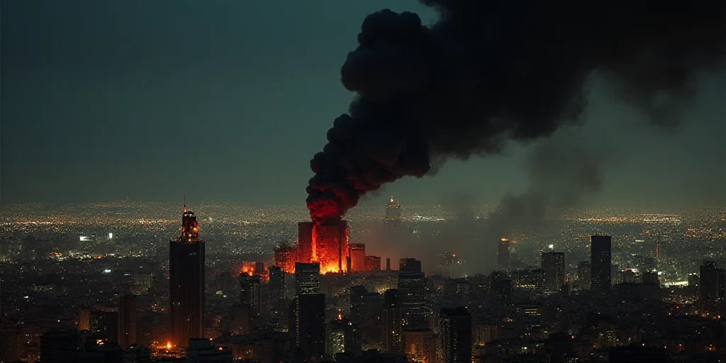 a large black smokestack billowing out of a city at night time with a city skyline in the background