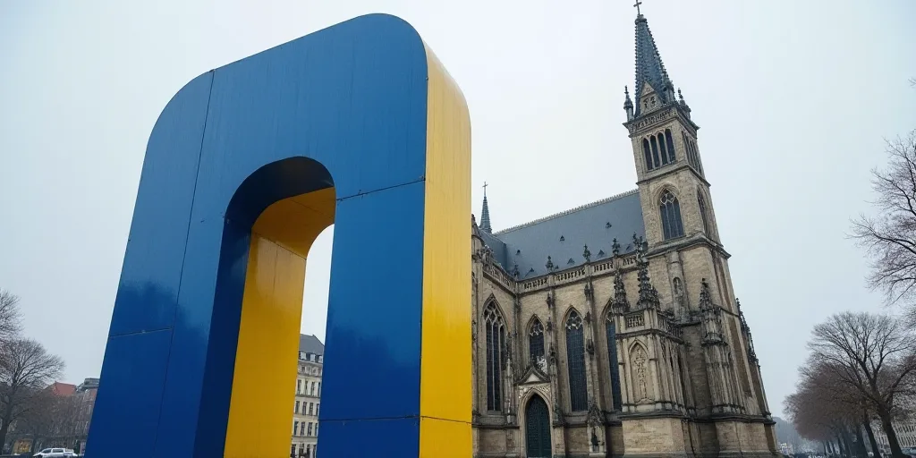a large blue and yellow sculpture in front of a tall building with a cross on it's side, Évariste V