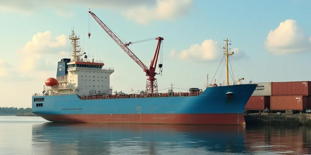 a large blue boat in the water near a dock with a crane on it's side and a large container on the ot