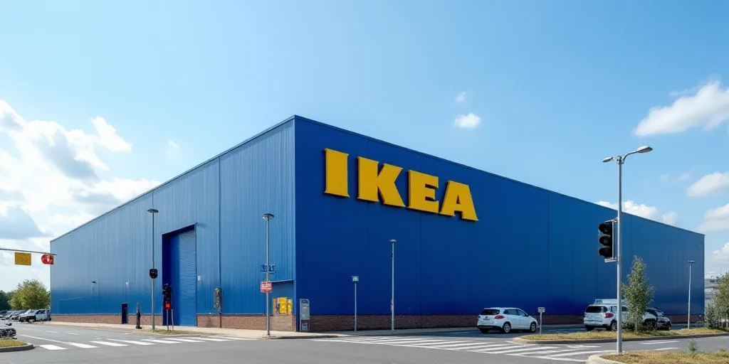 a large blue building with a yellow ikea sign on it's side and a traffic light in front of it, Anne