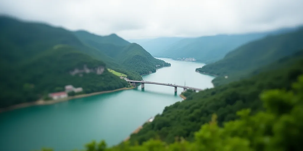 a large body of water surrounded by lush green hills and trees on a cloudy day with a bridge in the