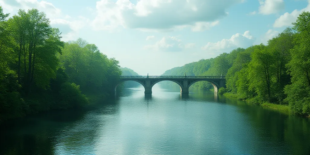 a large body of water surrounded by lush green trees and a bridge over it with a sky line above, Chr
