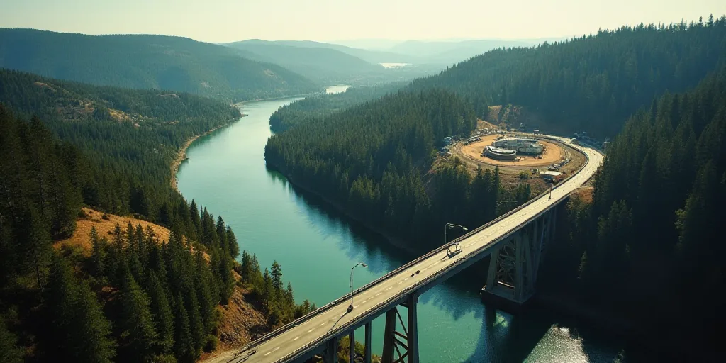a large bridge over a river next to a forest filled with trees and a hill side with a construction a