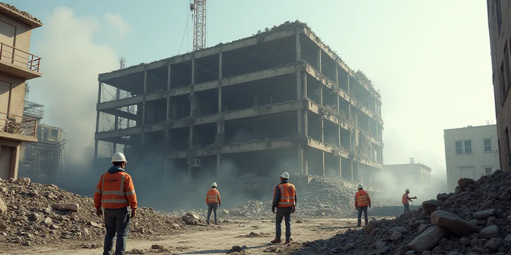 a large building that has been destroyed and is being demolished by construction workers and workers