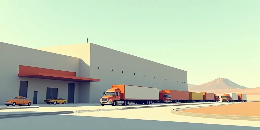 a large building with a bunch of trucks parked in front of it and a few cars parked in front of it,