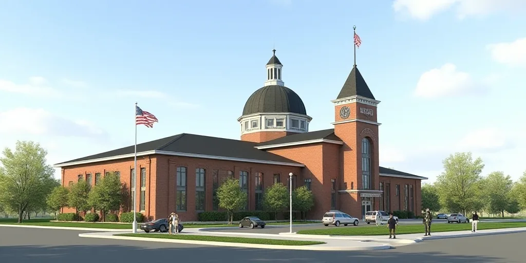 a large building with a dome and a clock on top of it's side tower and a flagpole, Arlington Nelson