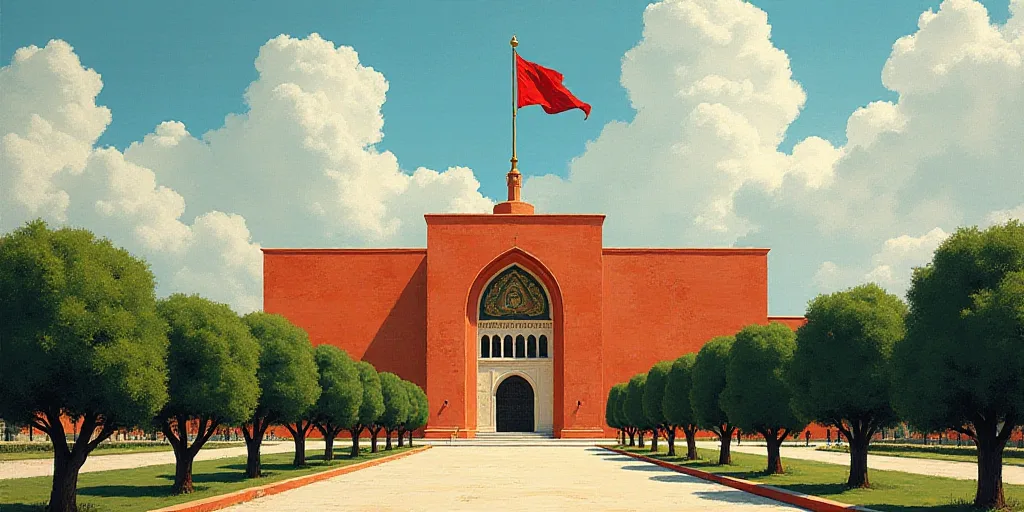 a large building with a flag flying from the top of it's roof and trees in front of it, David Alfaro