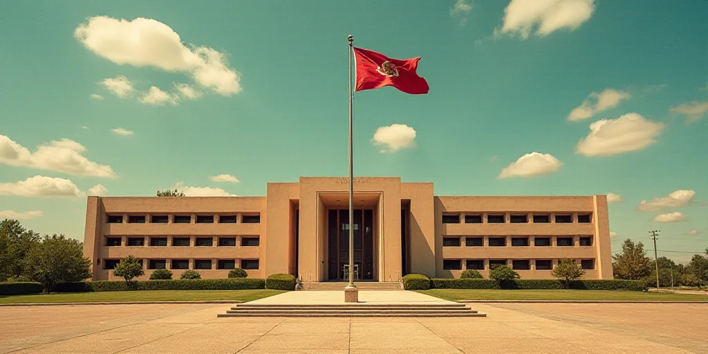 a large building with a flag flying in front of it and a flag pole in the middle of the building, Da
