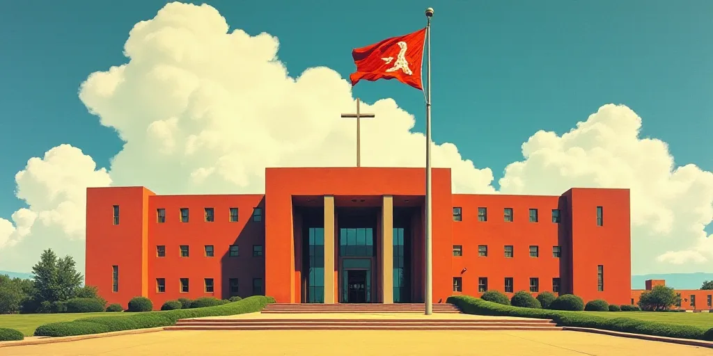 a large building with a flag flying in front of it and a flag pole in the middle of the building, Da