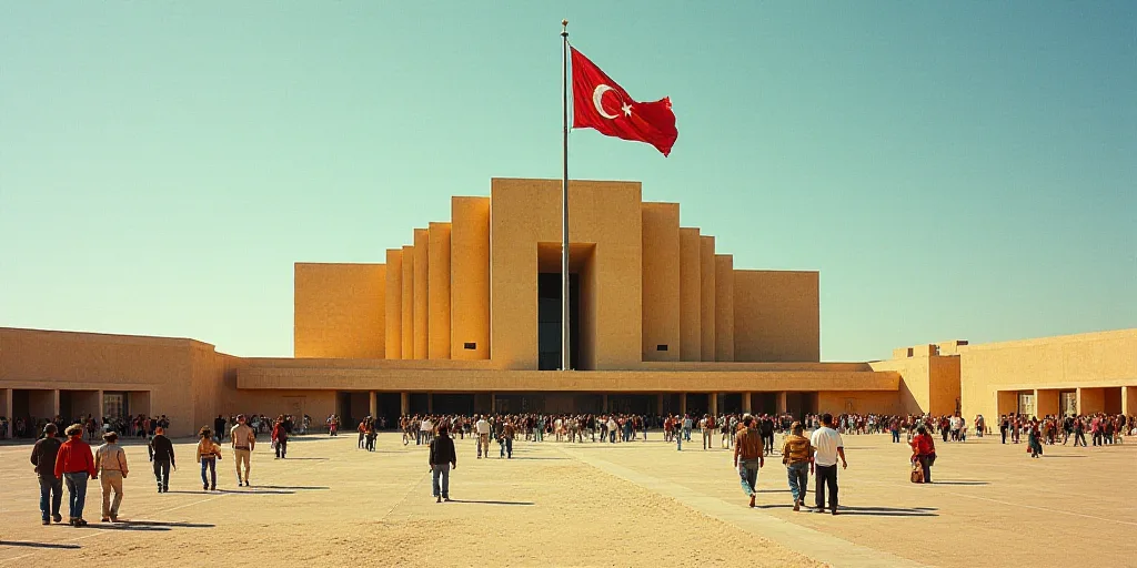 a large building with a flag flying in front of it and people walking around it in front of it, Davi