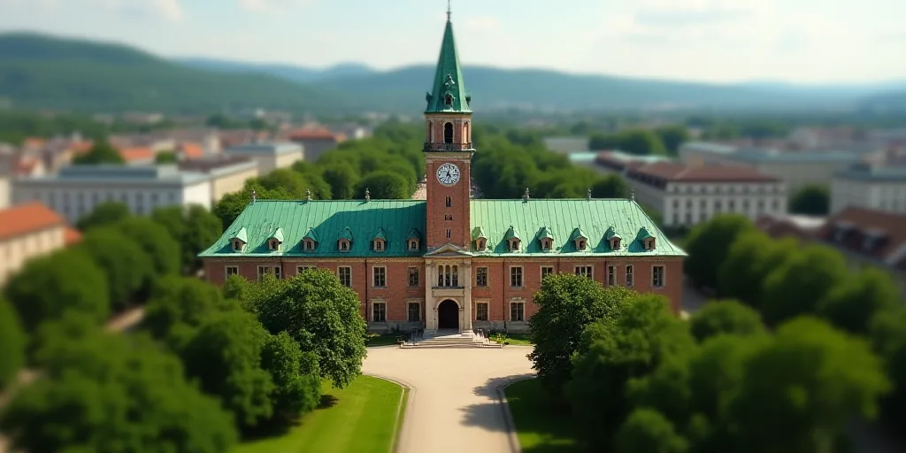 a large building with a green roof surrounded by trees and buildings in the background with a clock