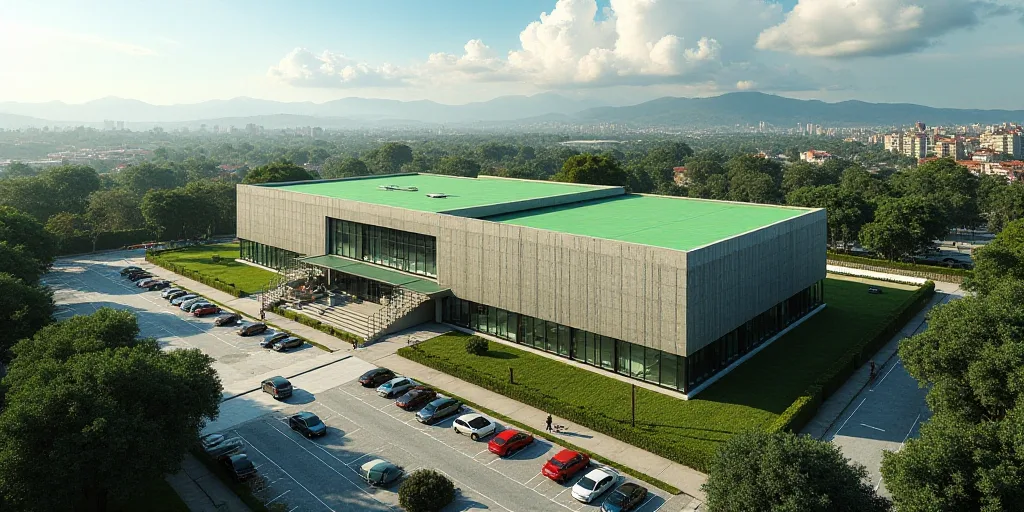 a large building with a green roof and a parking lot in front of it and a lot of cars parked in fron