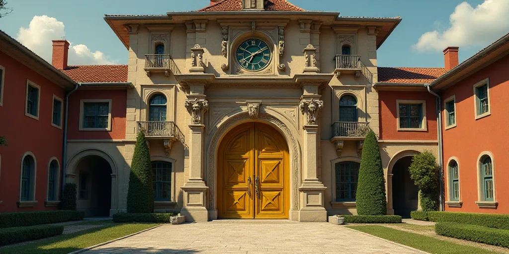 a large building with a large gold door and a clock on the front of it's face and windows, Enguerran