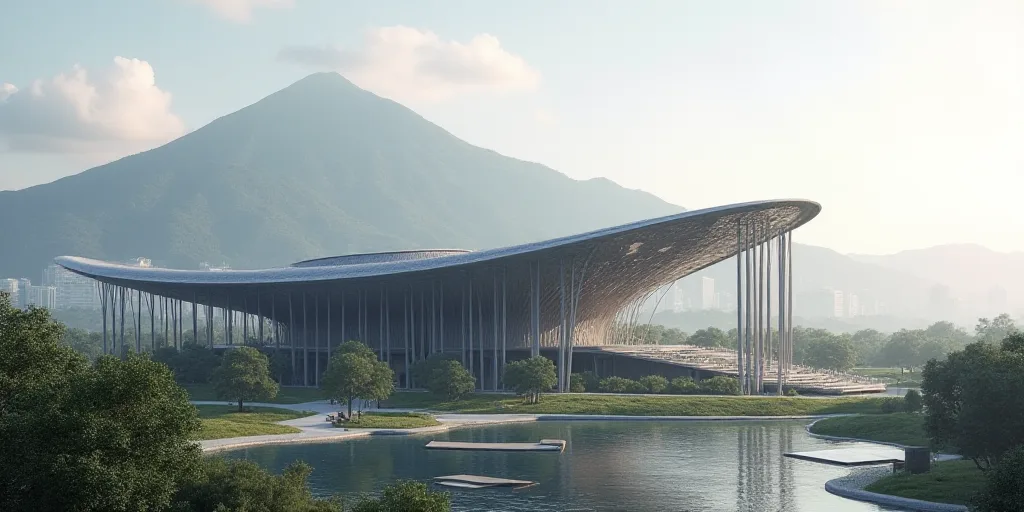 a large building with a large metal structure on top of it's roof and a mountain in the background,