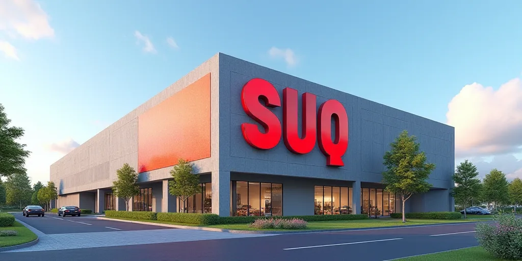 a large building with a large suq sign on it's side and a sky background behind it, Avgust Černigoj