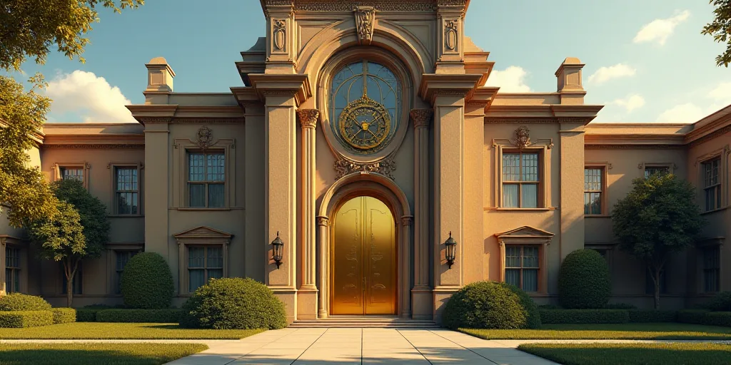 a large building with a large gold door and a clock on the front of it's face and windows, Enguerran