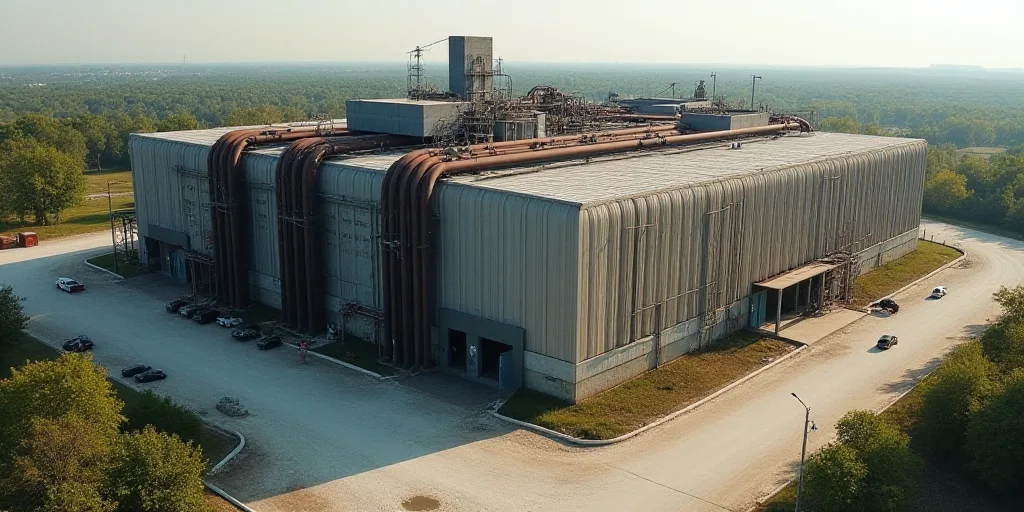 a large building with a lot of pipes and pipes on it's side and a few people standing around it, Cef