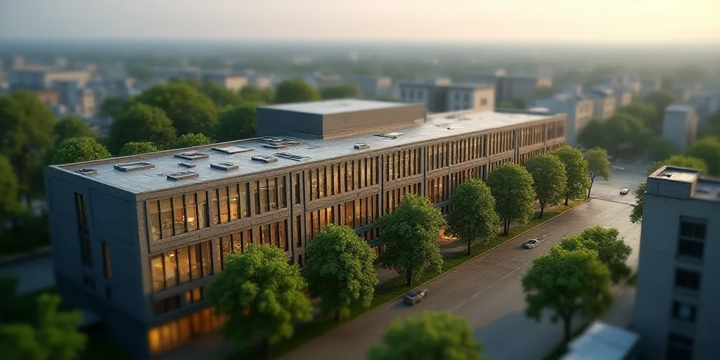 a large building with a lot of windows and trees in front of it and a lot of buildings around it, En