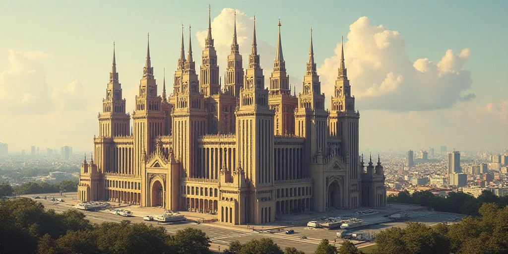 a large building with a lot of spires on top of it's sides and a city in the background, Andrey Yefi