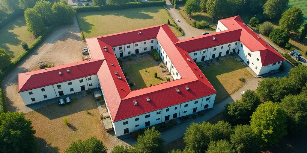 a large building with a red roof and a red roof and a red roof and a red roof and a red roof and a r