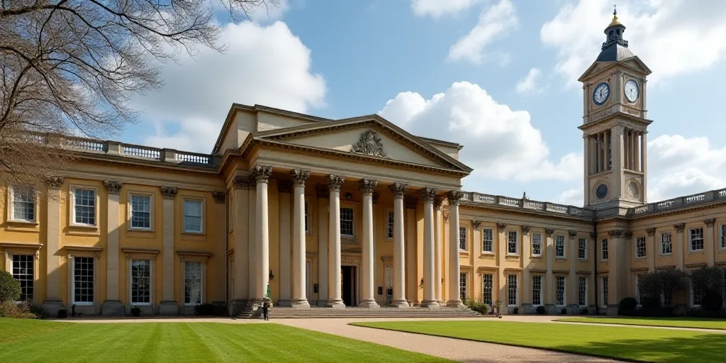 a large building with columns and a clock on the front of it's face and a clock tower in the backgro