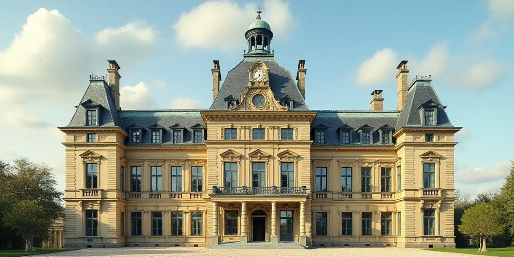 a large building with many windows and a clock on the top of it's face and a sky background, Enguerr