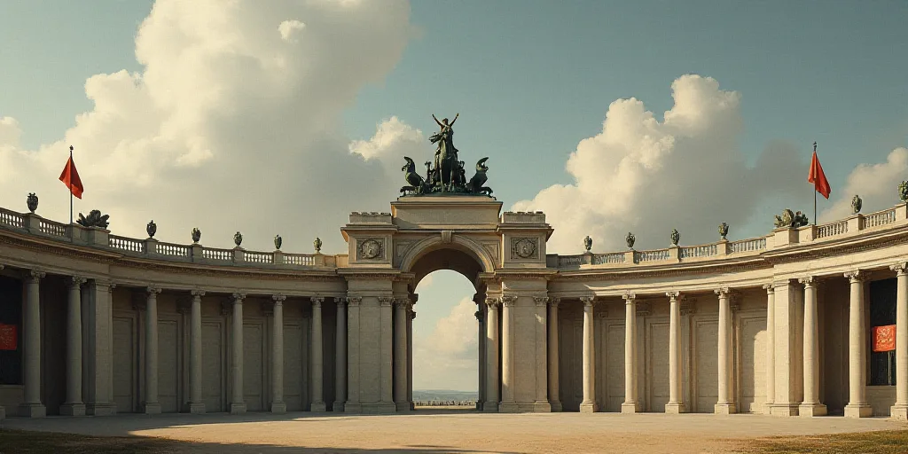 a large building with statues and flags on it's sides and a cloudy sky above it, with a statue of a