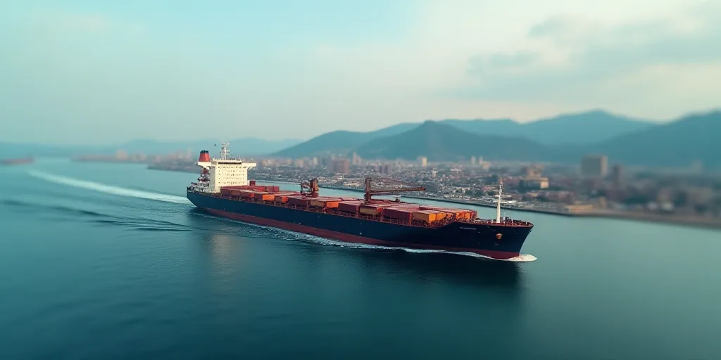 a large cargo ship in a large body of water next to a city and mountains in the background with a la