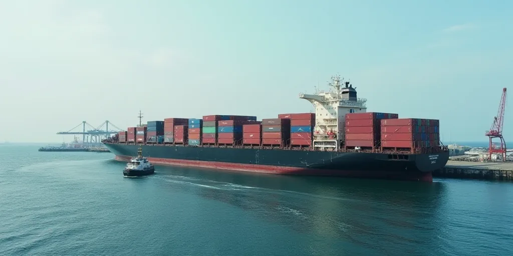 a large cargo ship loaded with containers at a dock in the ocean near a dock with a crane and a boat