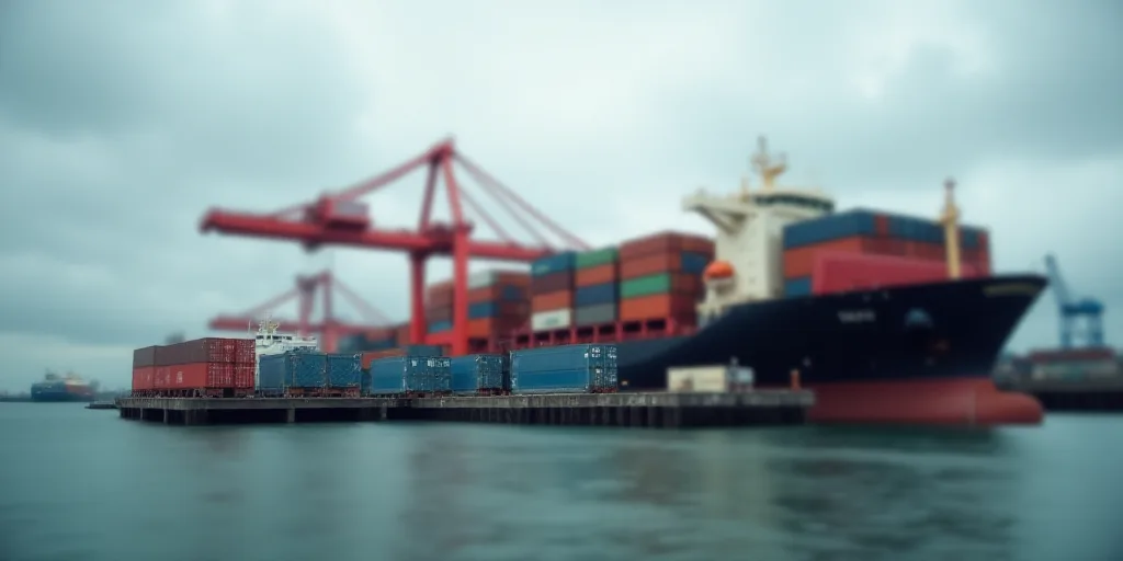 a large cargo ship loaded with containers at a dock in a harbor with a cloudy sky above it and a doc