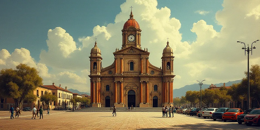 a large cathedral with a clock tower in the middle of a city street with people walking around it an