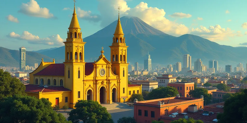 a large cathedral with a yellow steeple in the middle of a city with tall buildings and a mountain i