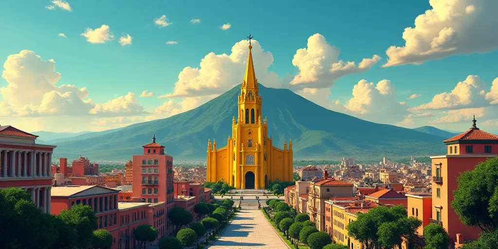 a large cathedral with a yellow steeple in the middle of a city with tall buildings and a mountain i