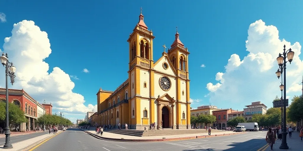 a large cathedral with two towers on a street corner with people walking around it and a blue sky wi