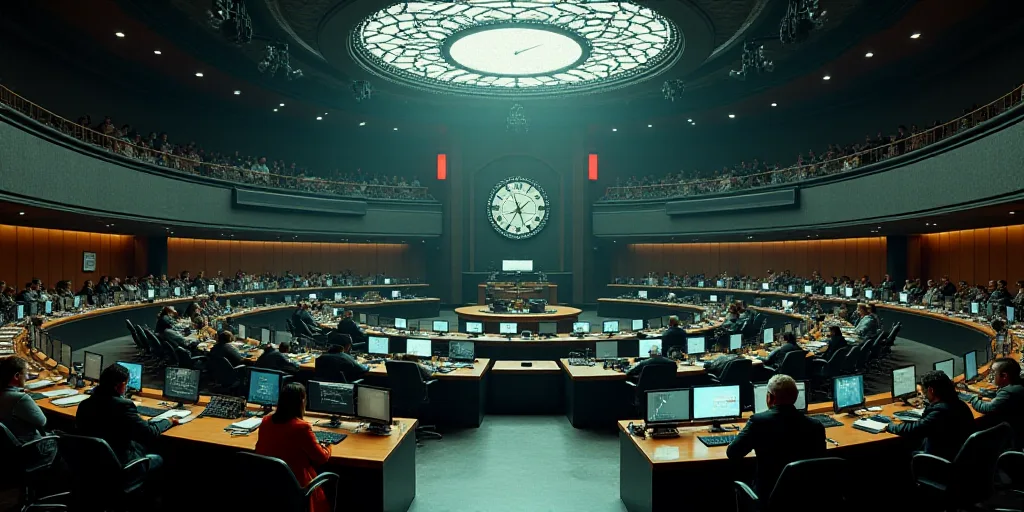a large circular room with people sitting at tables and a clock on the wall above them is a large ci