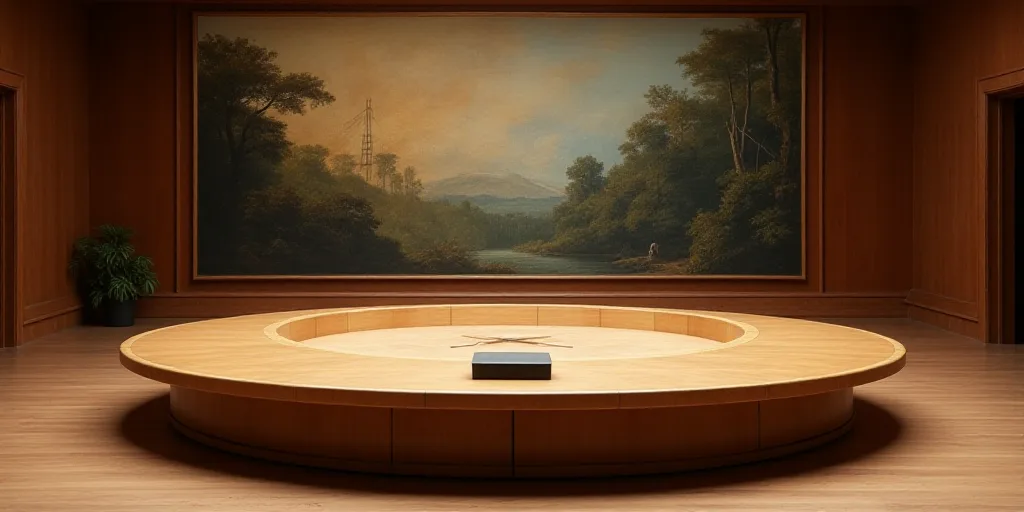 a large circular table with a speaker in the middle of it and a large painting on the wall behind it