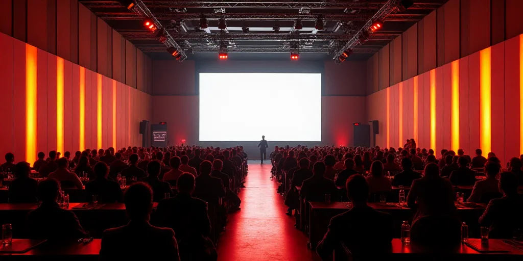 a large conference room with a large screen on the floor and people sitting at tables in front of th