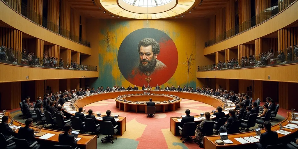 a large conference room with a circular table and a lot of people sitting at tables in front of them