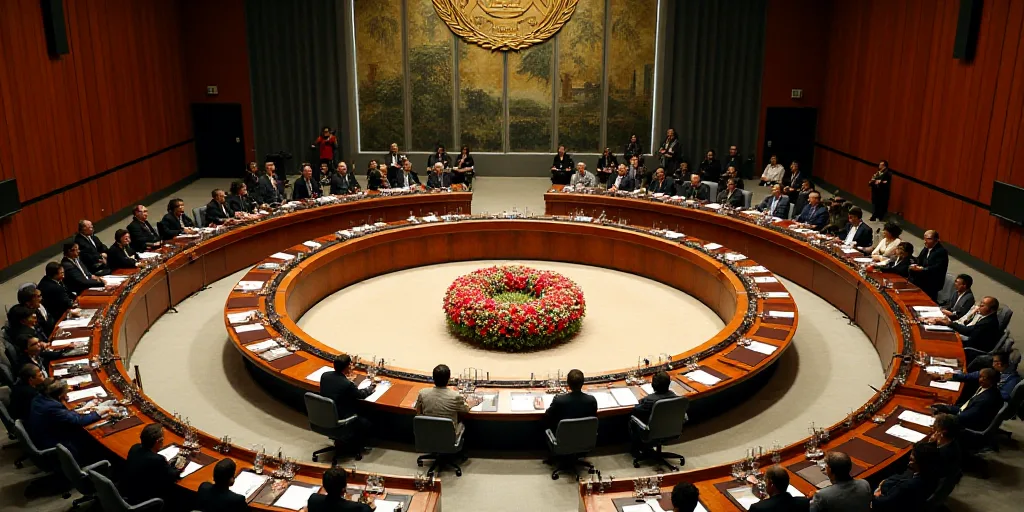 a large conference room with a large circular table with a wreath of flowers on it and people sittin
