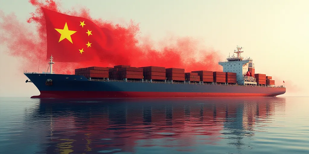 a large container ship with a flag in the background of it and a reflection of the flag of china, Ca