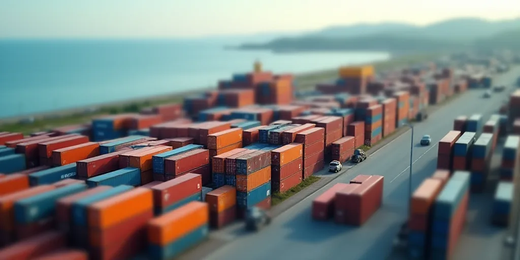 a large container yard with a lot of containers in it and a large body of water in the background, E