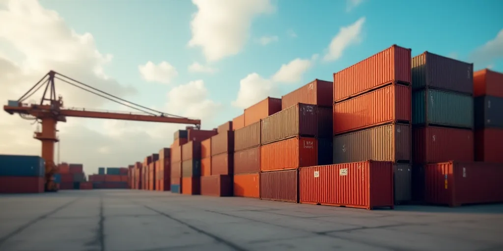 a large container yard with many containers stacked on top of it and a crane in the middle of the ya