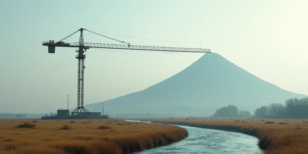 a large crane is in a large open area of land with a mountain in the background and a river running