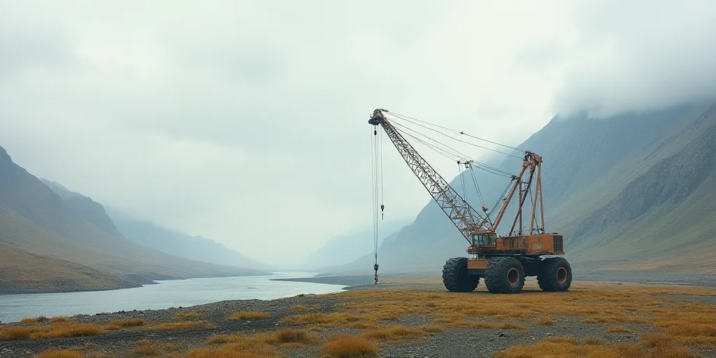 a large crane is in a large open area of land with a mountain in the background and a river running