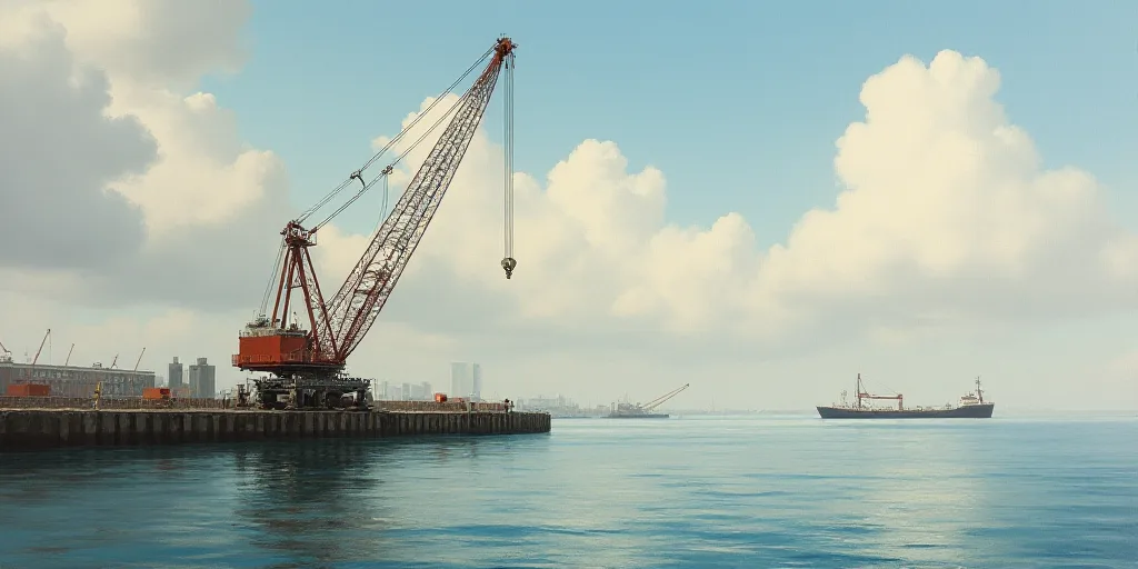 a large crane is on the water near a pier with a boat in the background and a crane on the water, Ba
