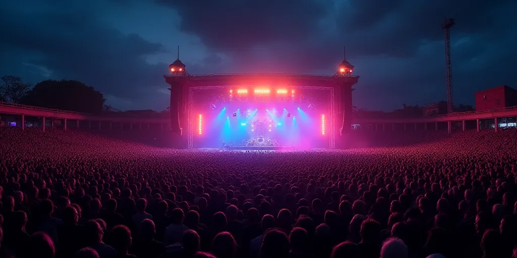 a large crowd of people at a concert with a stage and lights on it at night time with a large crowd